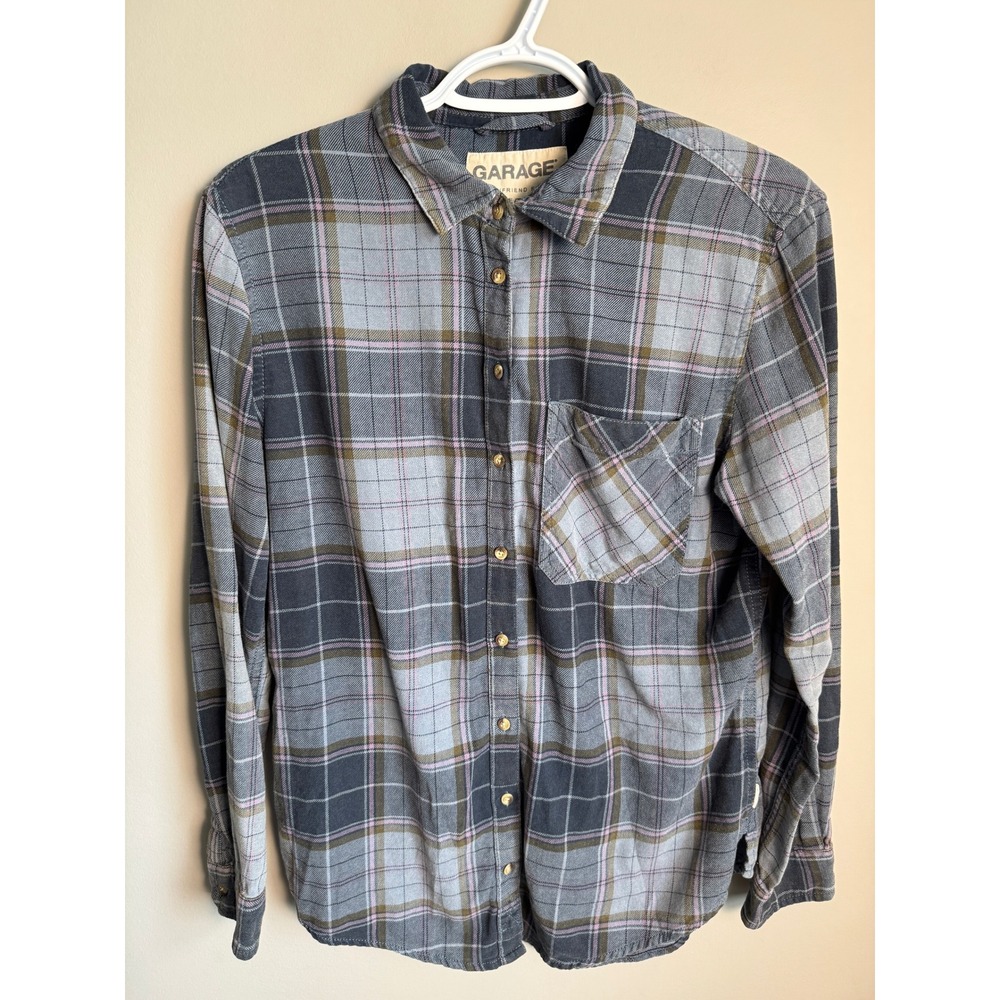 Garage Womens Gray Plaid Boyfriend Fit Flannel Shirt XS Soft Cotton Casual Cozy